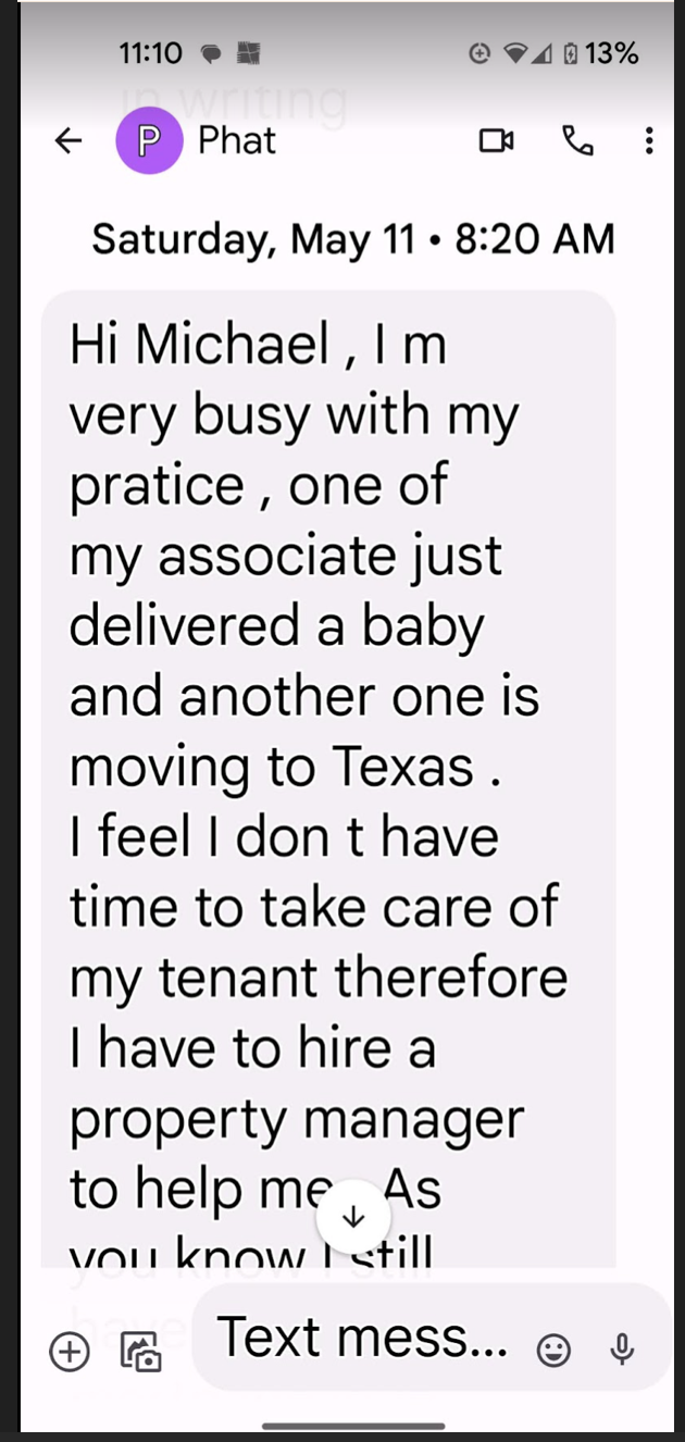 Phat Tran text message about property manager and busy dental practice